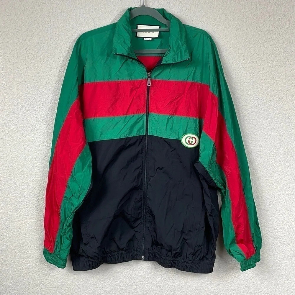 Gucci Oversized Nylon Track Jacket Water Repellent Black Green Red Mens Sz M